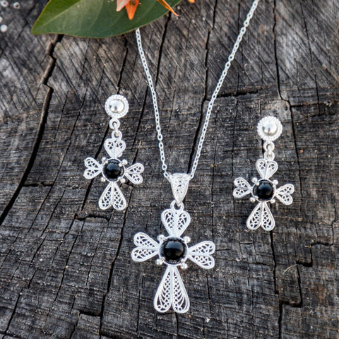 Onyx Filigree Cross Necklace and Earring Set