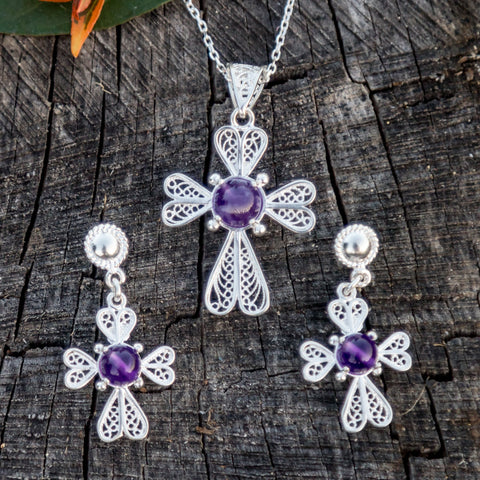 Amethyst Filigree Cross Necklace and Earring Set