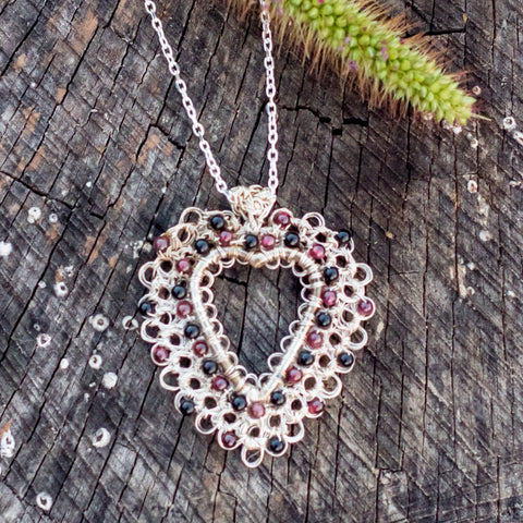 Onyx and Amethyst Heart Wire Crochet Necklace