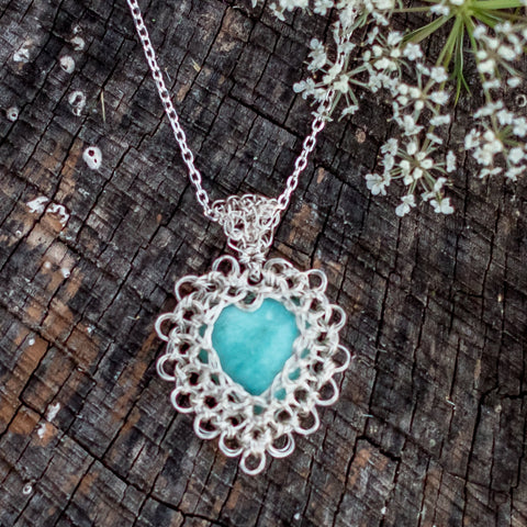 Peruvian Opal Wire Crochet Heart Necklace