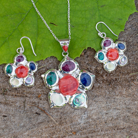 Multi Stone Pendant and Earring Set