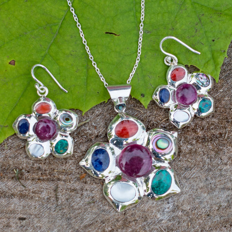 Multi Stone Pendant and Earring Set