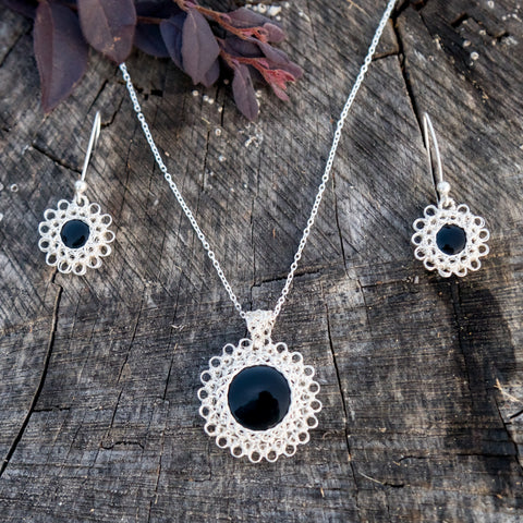 Crotchet Onyx Pendant and Earring Set