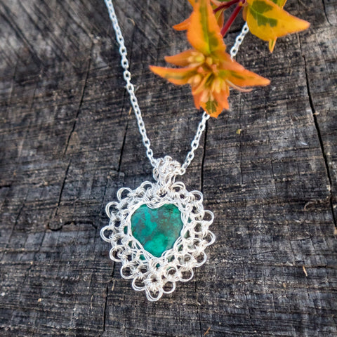 Chrysocolla Wire Crochet Heart Necklace