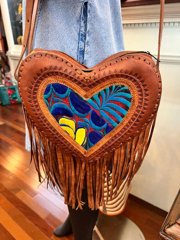 Leather Embroidered Heart Crossbody Bag