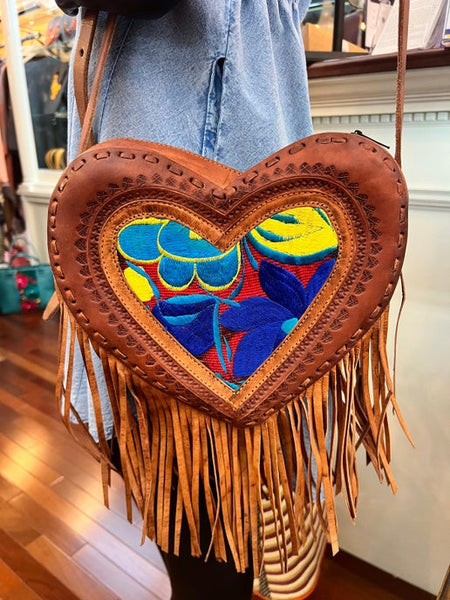 Leather Embroidered Heart Crossbody Bag