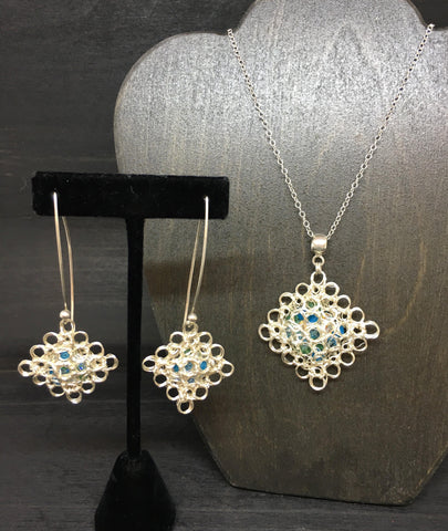 Wire Crocheted Swarovski Necklace and Earring Set