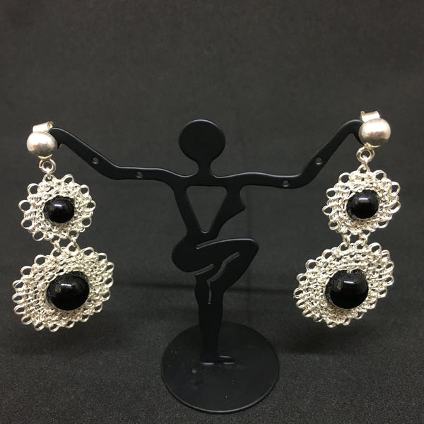 Silver Onyx Crocheted Earrings