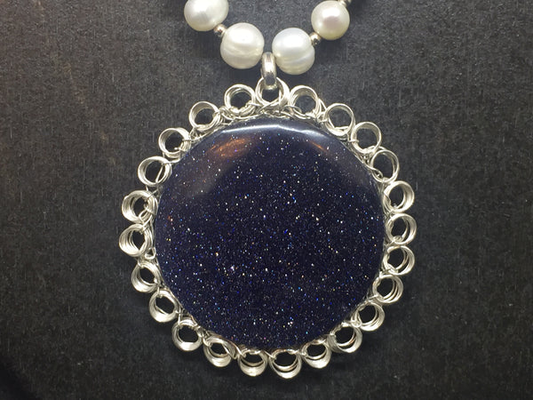 Sterling Silver Wire Crocheted Blue Goldstone Necklace