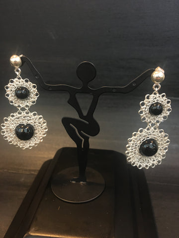 Silver Onyx Crocheted Earrings