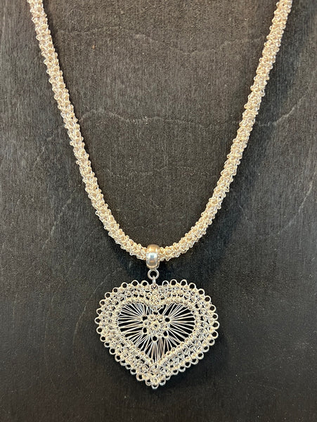 Sterling Silver Wire Crocheted Heart Necklace