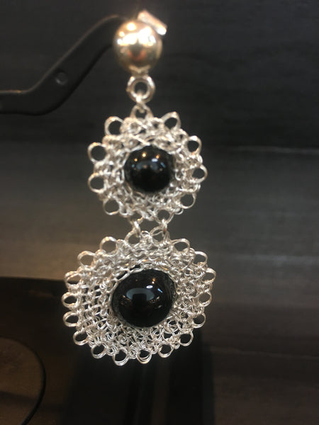 Silver Onyx Crocheted Earrings