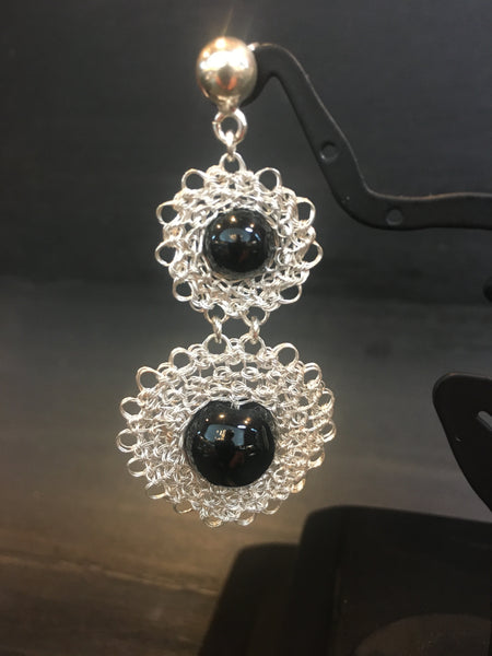 Silver Onyx Crocheted Earrings