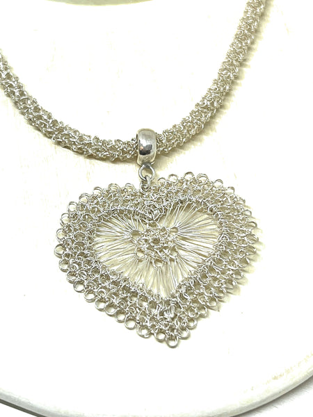 Sterling Silver Wire Crocheted Heart Necklace