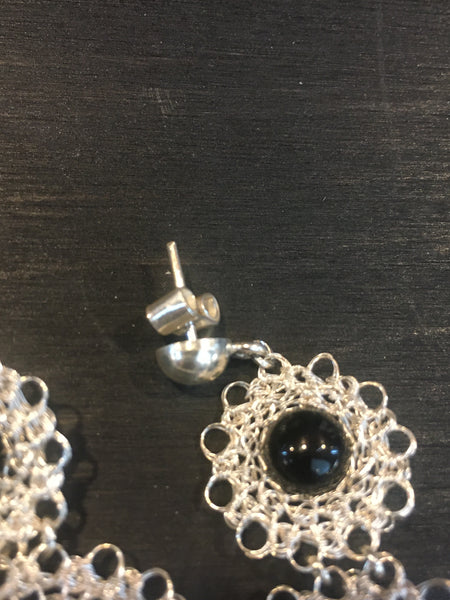 Silver Onyx Crocheted Earrings