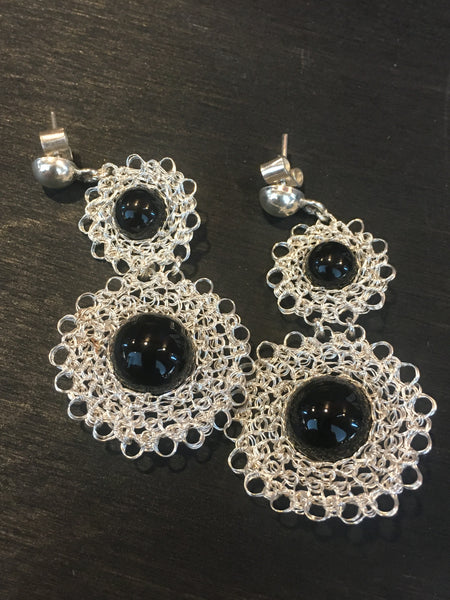 Silver Onyx Crocheted Earrings