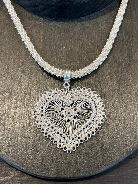 Sterling Silver Wire Crocheted Heart Necklace