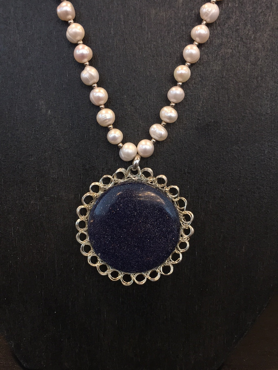Sterling Silver Wire Crocheted Blue Goldstone Necklace